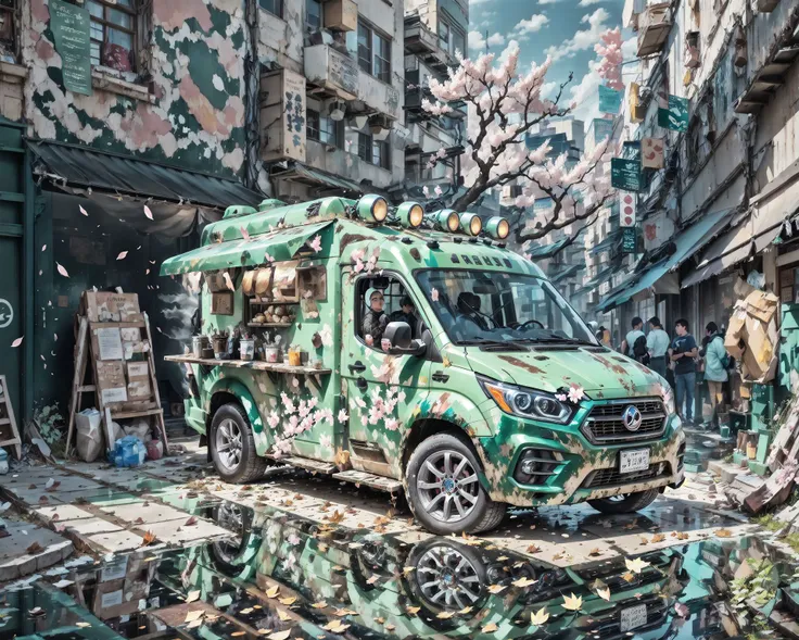 (masterpiece, best quality:1.1), ultra-detailed,  food truck, (painted pearl black:1.05), vehicle focus, no humans, car, wheel, tire, debris, smooth floor, reflection, dirty
,  <lora:battleCars_v2:1>falling leaves, cherry blossoms,