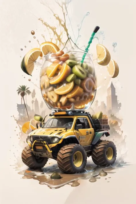 banana, orange (fruit), kiwi (fruit), fruit, river juice, monster truck,  <lora:Gachasplash:1.2>, [(white background:1.5), ::5], isometric,, <lora:BattleCars:1>, battlecar,