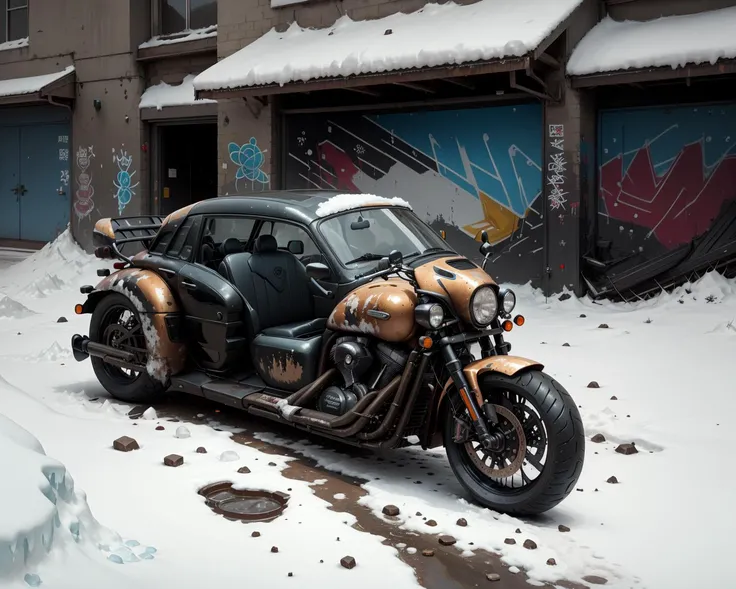 (battlecar:1.1), (Motorcycle:1.08), (painted glossy bronze:1.05), vehicle focus, no humans, debris, graffiti, ice, snow, dirty