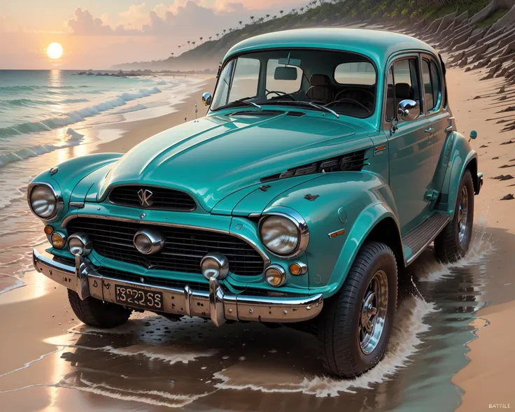 (battlecar:1.1), (vintage car:1.08), (painted wood grain:1.05), vehicle focus, no humans, car, wheel, tire, debris, colorful, sand, water, splash, sunset, beach, clean