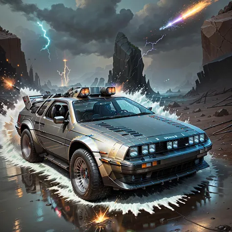 <lora:BattleCars_v2_50_clip2_R-128:1> battlecar, panning shot, car wheels are turning fast, futuristic Delorean car, laser cannons on it, gatling gun, ultra-detailed, splatted rock,off_Load,mud,masterpiece, best quality, splash, sparks, electricity,dynamic...