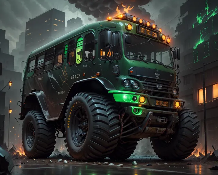 (battlecar:1.1), (city bus:1.08), (painted black:1.05), vehicle focus, no humans, car, wheel, tire, debris, green flames, blacktop, clean