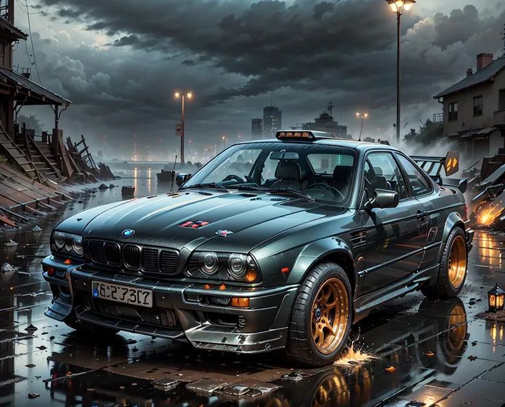 ((Best quality)), ((masterpiece)),wallpaper, 4k, realistic, rain, wet, (night time:1.2), masterpiece, best quality:1.1), ultra-detailed, (battlecar:1.1), (blackpaint:1.08), (BMW E36:1.08), vehicle focus, no humans, car, wheel, tire, debris, splash, sparks,...