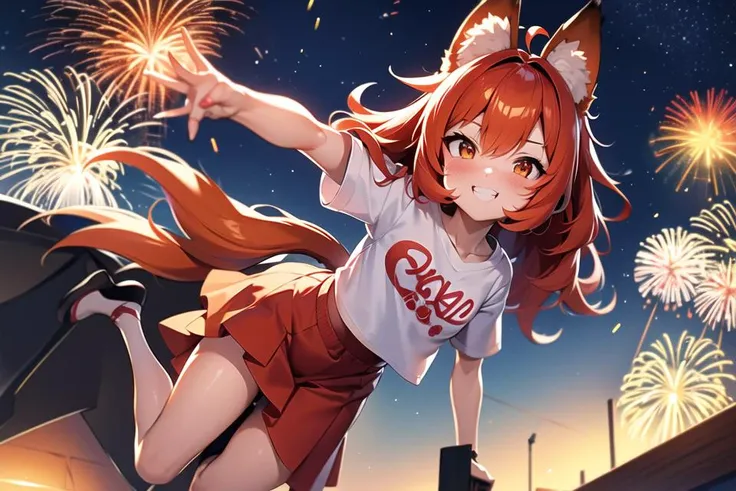 modern anime, 2020, fox girl; fox ears and tail; detailed face; orange hair; red skirt; white t-shirt; night background outdoors sky stars moon fireworks, full body, smile, looking at viewer