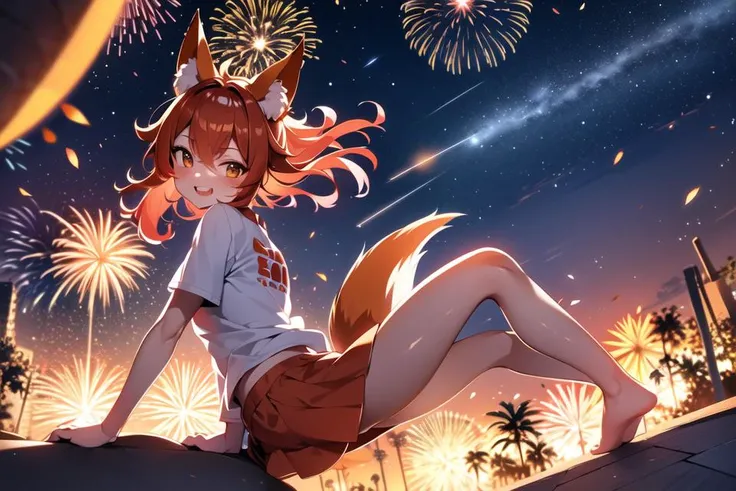 modern anime, 2020, fox girl; fox ears and tail; detailed face; orange hair; red skirt; white t-shirt; night background outdoors sky stars moon fireworks, full body, smile, looking at viewer