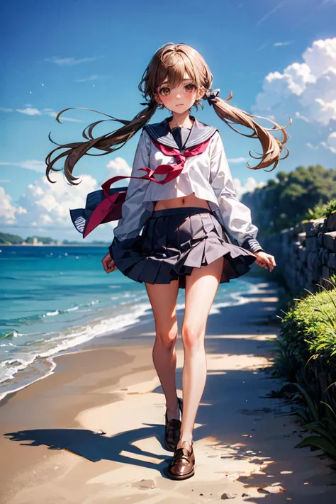 1girl,solo, (seifuku:1.1),ribbon,brown eyes, brown footwear, brown hair, full body, loafers, long hair, looking at viewer,(low:1.3) twintails, shoes, freckles,sea in background,wind, town,