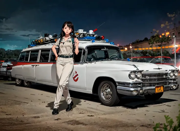 Highly detailed RAW full color high quality wide-angle 16mm photograph of a cute female wearing a ghostbuster uniform and protopack sitting on the hood of a dirty rusted old ecto_1 parked in downtown New York City (((at night))), ((midnight)), headlights o...