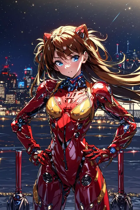 ((masterpiece,best quality, detailed)), 1girl, solo, cowboy shot, hands on own hips, outdoors, night, cityscape, starry sky,
<lora:AsukaV1-000016:0.5>, souryuu asuka langley, red bodysuit, interface headset,
<lora:A-Mecha-REN:1.5>, (mecha musume, mechanica...