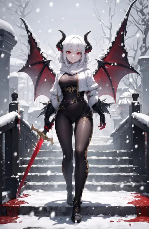 masterpiece, best quality, 1girl, full body, dragon girl, looking at viewer, head tilt, snow, wings, sword, holding, evil grin, snowing, red eyes, breath, white hair, walking, stairs, blood,