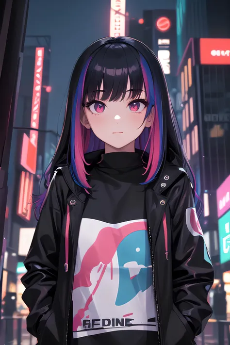 (masterpiece, best quality, detailed), ((1girl)), solo, looking at viewer,  long hair, rainbow hair, outdoors, cyberpunk, city, night, city lights, neon lights,