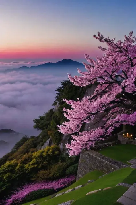 a view of a hill with a tree and a building on top of it