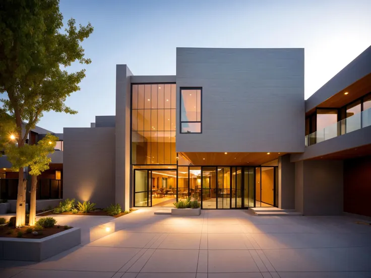 a view of a modern house with a large courtyard and a tree