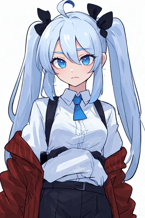 (best quality, masterpiece), 1girl, (female focus), ahoge, white blue hair, ((white shirt), (overfit shrit)), long hair, standin...