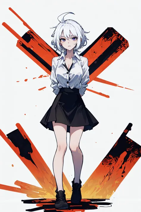 ((masterpiece, best quality)), (1girl), (solo), (female focus), (ahoge, white hair, short hair), black eyes, ((white shirt), (bu...