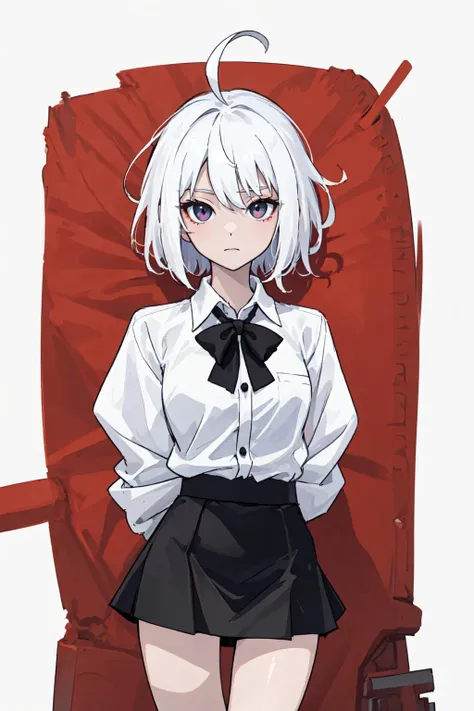 ((masterpiece, best quality)), (1girl), (solo), (female focus), (ahoge, white hair, short hair), black eyes, ((white shirt), (bu...