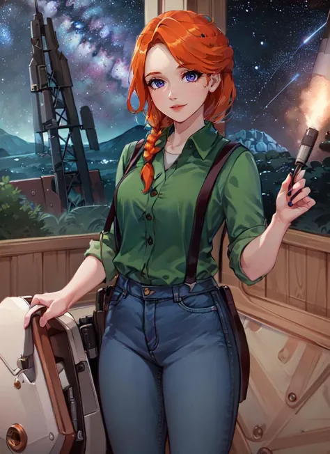 ((best quality)), ((highly detailed)), masterpiece, absurdres, (detailed eyes, deep eyes), (1girl), cowboy shot, <lora:leah:.9>, leah, orange hair, braid, single braid, purple eyes, smiling, green shirt, jeans, suspenders, boots, (stars, galaxies, space, a...