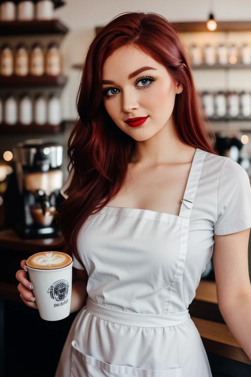 <lora:tessafowler-06:0.6>,tessafowler,  photo of a woman, (epic) , ((dark red hair)), ((barista uniform, barista outfit, apron, coffee shop, coffee cup)),smiling, (red lipstick, blush), ((best quality, masterpiece, extreme details, high resolution):1.2),((...