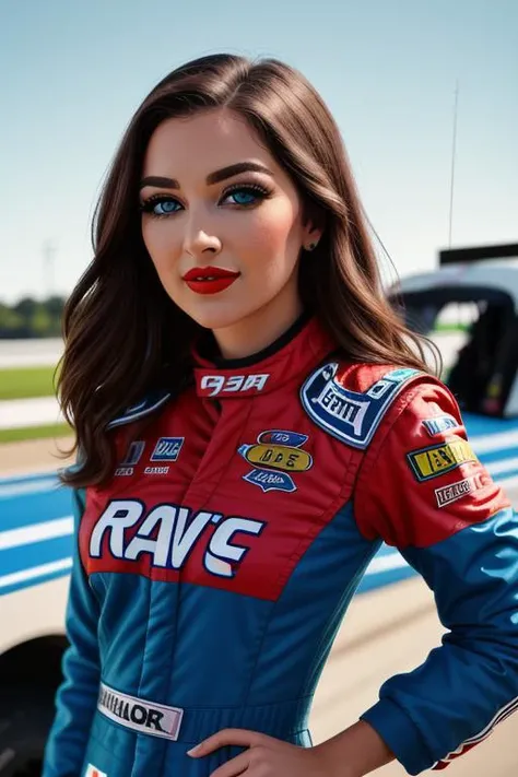 <lora:tessafowler-06:0.6>,tessafowler,  ,photo of a woman, (epic), , ((nascar uniform, nascar jumpsuit, racetrack, race car, outdoors)),smiling, (red lipstick, blush), ((best quality, masterpiece, extreme details, high resolution):1.2),((detailed eyes, bea...