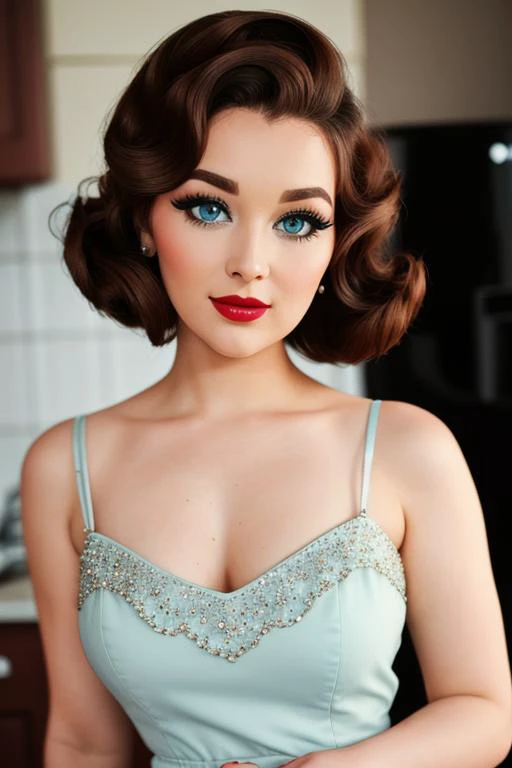 <lora:tessafowler-06:0.6>,tessafowler,  photo of a woman, (epic) , ((fifties hair, 50s hairstyle, fifties dress, kitchen, home)), smiling, (lipstick, blush, eye shadow), ((best quality, masterpiece, extreme details, high resolution):1.2),((detailed eyes, b...