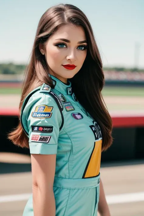 <lora:tessafowler-06:0.6>,tessafowler,  ,photo of a woman, (epic), , ((nascar uniform, nascar jumpsuit, racetrack, race car, outdoors)),smiling, (red lipstick, blush), ((best quality, masterpiece, extreme details, high resolution):1.2),((detailed eyes, bea...