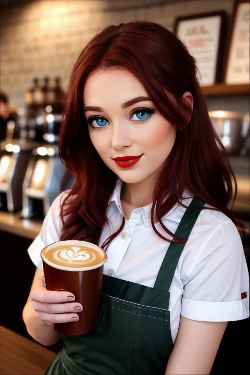 <lora:tessafowler-06:0.6>,tessafowler,  photo of a woman, (epic) , ((dark red hair)), ((barista uniform, barista outfit, apron, coffee shop, coffee cup)),smiling, (red lipstick, blush), ((best quality, masterpiece, extreme details, high resolution):1.2),((...