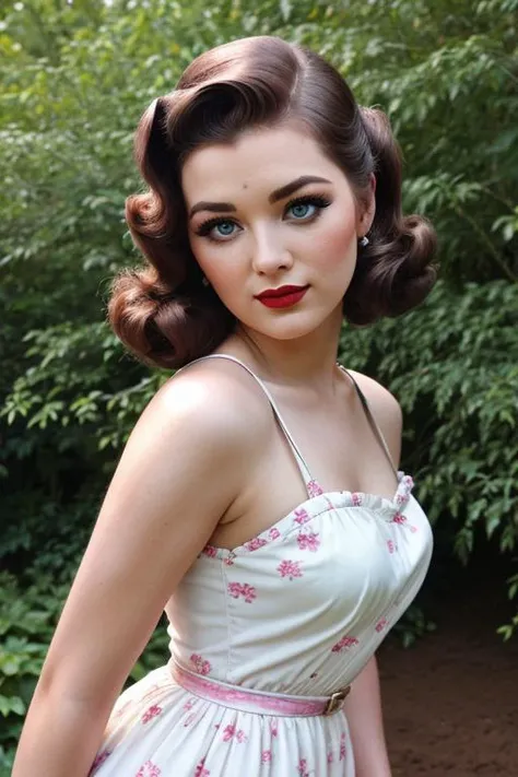 <lora:tessafowler-06:0.6>,tessafowler,  ,photo of a woman, (epic), , ((fifties hair, 50s hairstyle, fifties dress, garden, shovel, dirty face)), smiling, (lipstick, blush, eye shadow), ((best quality, masterpiece, extreme details, high resolution):1.2),((d...