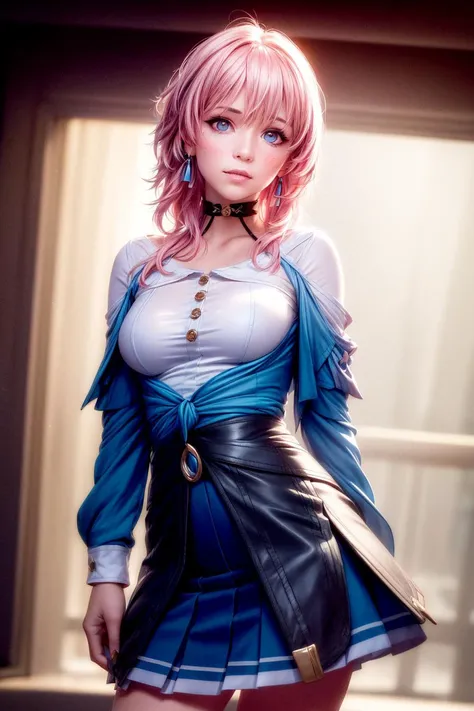 masterpiece, (photorealistic:1.4), best quality, beautiful lighting, march 7th (honkai: star rail), 1girl, solo, beautiful girl, pink hair, perfect face, perfect eyes, detailed clothes, blue skirt, skirt, blue shirt, detached sleeves, white shirt, blue eye...