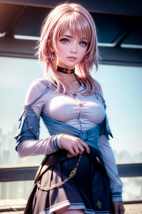 masterpiece, (photorealistic:1.4), best quality, beautiful lighting, march 7th (honkai: star rail), 1girl, solo, beautiful girl, pink hair, perfect face, perfect eyes, detailed clothes, blue skirt, skirt, blue shirt, detached sleeves, white shirt, blue eye...