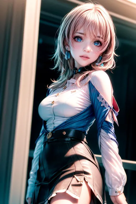 masterpiece, (photorealistic:1.4), best quality, beautiful lighting, march 7th (honkai: star rail), 1girl, solo, beautiful girl, pink hair, perfect face, perfect eyes, detailed clothes, blue skirt, skirt, blue shirt, detached sleeves, white shirt, blue eye...