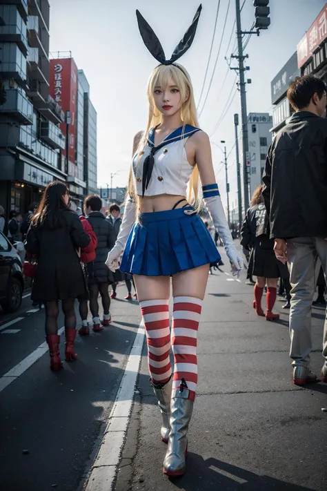 best quality, quality, masterpiece, (photorealistic:1.4), 1girl, shimakaze (kancolle), elbow gloves, striped thighhighs, highleg panties, blue pleated skirt, boots, standing, full body, looking at viewer, detailed background, in street, tokyo, dramatic lig...