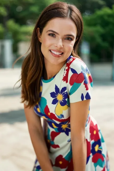 1girl, solo, short-sleeve floral sundress, lean forward, smile, parking lot, (looking at viewer:1.2), focus on face, blurry_background, bokeh, chromatic_aberration, depth_of_field, female focus, photorealistic, soft colors, masterpiece, high quality, (high...