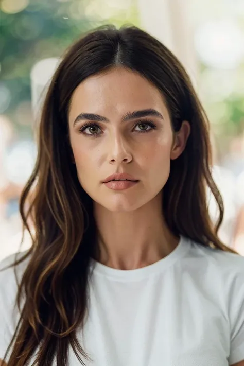 1girl, solo, portrait of a woman wearing white t-shirt, (looking at viewer:1.2), focus on face, symmetrical angle, blurry_background, bokeh, chromatic_aberration, depth_of_field, female focus, photorealistic, soft colors, masterpiece, high quality, (high d...