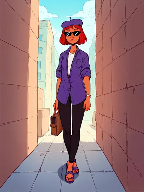 a cartoon woman in a purple jacket and sunglasses walking down a narrow alley