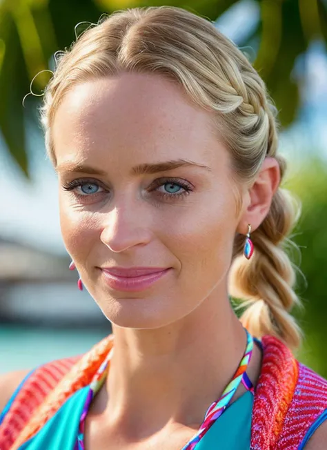 portrait of skswoman, happy , wearing beachwear , with Fishtail braid , background city, epic (photo, studio lighting, hard light, sony a7, 50 mm, matte skin, pores, colors, hyperdetailed, hyperrealistic), <lyco:Emily Blunt:1.0>