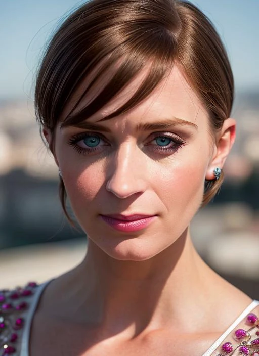 portrait of skswoman, grimace , wearing tulle , with A-line haircut , background roman city, epic (photo, studio lighting, hard light, sony a7, 50 mm, matte skin, pores, colors, hyperdetailed, hyperrealistic), <lyco:Emily Blunt:1.0>