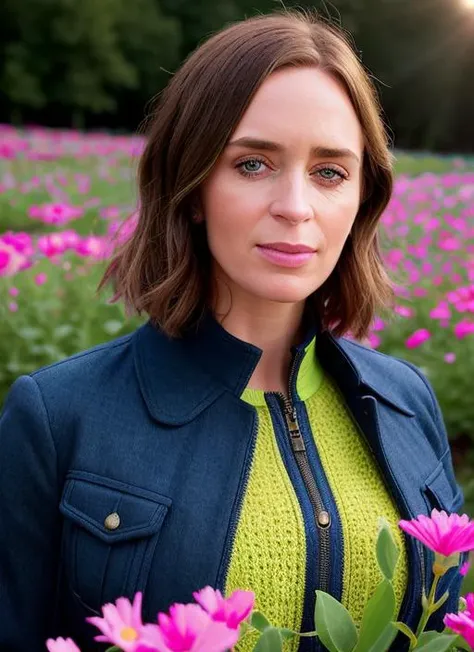 portrait of skswoman, confident , wearing outerwear , with French bob , background field of flowers, epic (photo, studio lighting, hard light, sony a7, 50 mm, matte skin, pores, colors, hyperdetailed, hyperrealistic), <lyco:Emily Blunt:1.0>