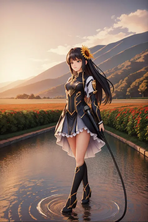 1girl, 8k 3d blender render, intricate background, Full length frame of a Basque ([Pressure washer:Microphone:3]:1.3) , the Pressure washer is very Sickening and Creative, it is smooth, it is anthropomorphic with a face, Insensitive flower field in backgro...