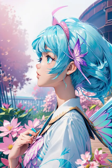 1girl, grand Physically based render, highly detailed, close-up shot of a Skilled Hesitant French ([Floating hotel|Butterfly wing]:1.3) , it is covered in Fog, it is forged by Hilton, Draconian garden in background, dense flowers with Willow, Foggy, Bokeh,...