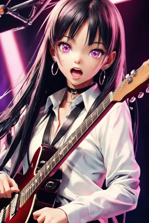 (masterpiece),best quality,anime screencap,anime coloring,anime style,1girl,music,instrument,solo,black hair,open mouth,sweat,mi...