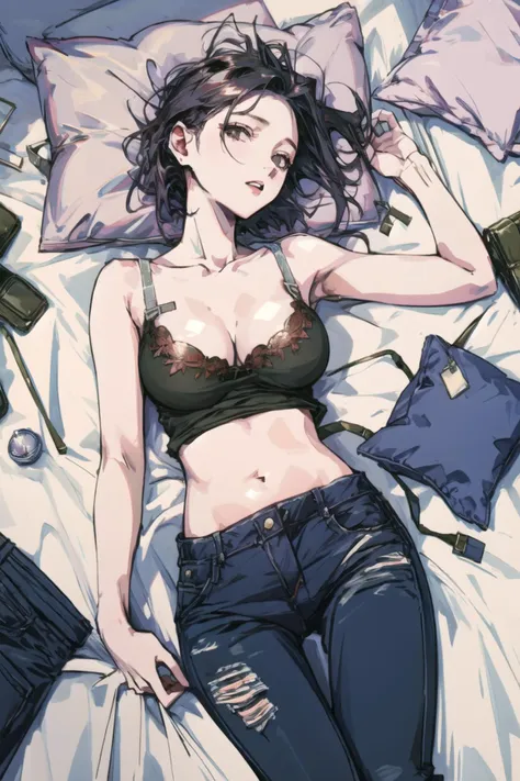 (masterpiece),best quality,three-quarter view,1girl,navel,pants,jeans,underwear,lying,pillow,open fly,large breasts,looking at v...