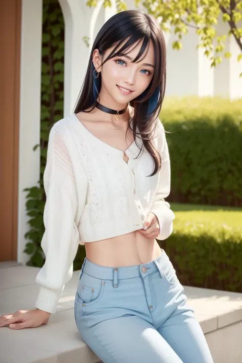 a woman sitting on a ledge wearing a white top and blue jeans