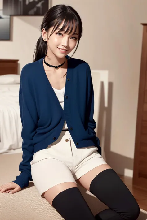 a woman sitting on a bed wearing knee high socks and a blue cardigan