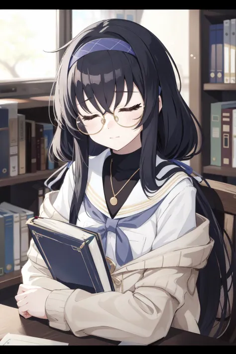 ui(blue archive), depth of field, glasses, blurry background, black hair, hairband, book, school uniform, sailor collar, closed eyes, round eyewear, bookshelf, sleeping, letterboxed, long hair, solo, 1girl, blurry, cardigan<lora:ui:1>