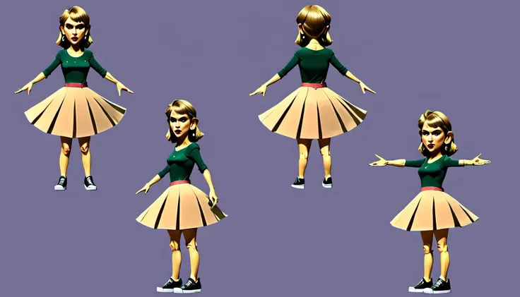 <lora:Everly_Heights_Character_Maker:1> Taylor Swift in a green top beige skirt and sneakers