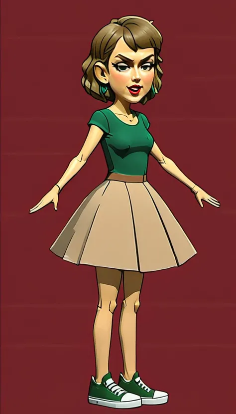 <lora:Everly_Heights_Character_Maker:1> Taylor Swift in a green top beige skirt and sneakers