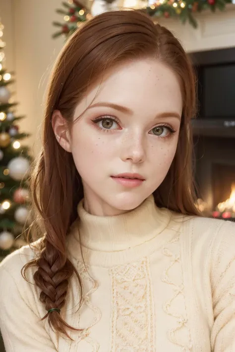 a close up of a woman with a sweater on sitting in front of a christmas tree