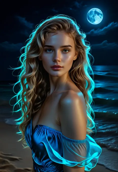 a woman in a blue dress standing on a beach at night