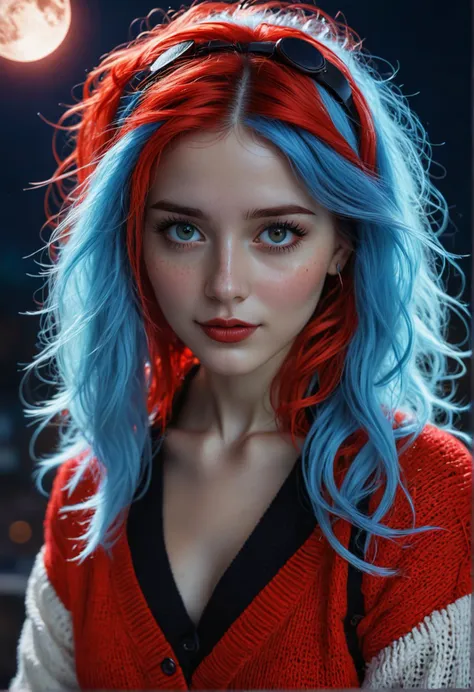 a woman with blue and red hair and a red sweater