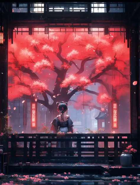 a woman sitting on a bench under a tree with red flowers