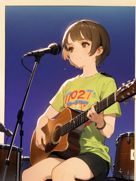 1girl, buzz cut, colored inner hair, brown eyes, (very short hair:1.30), t-shirt, abstract printed shirt, armlet, sitting, drum set, microphone, microphone stand, amplifier, blue hour, playing acoustic guitar, sad, twilight, ISO12000,